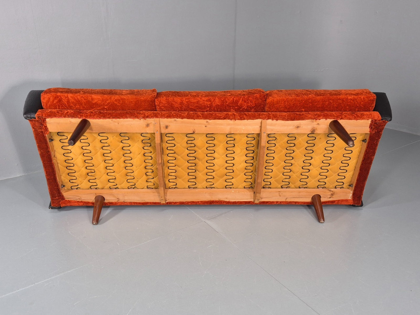 Vintage 3 Seater Sofa Vinyl Orange Velour 1960s Retro Mid Century EB11333 M3SS8