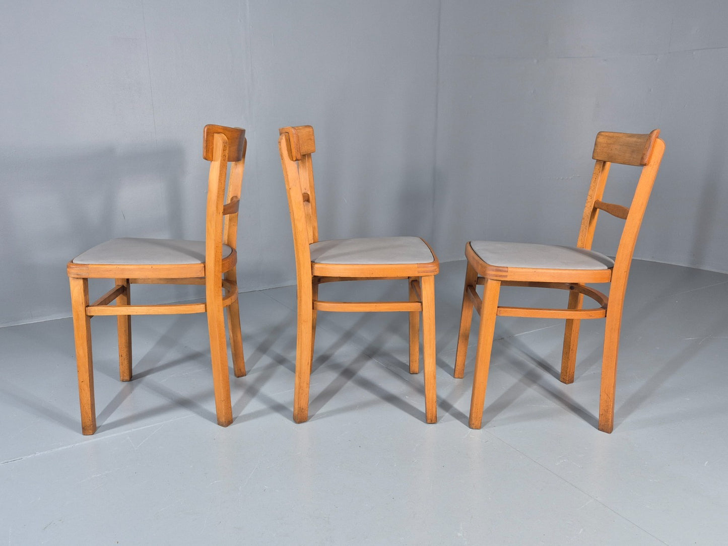 3 1960s Kitchen Chairs Beech Frame Grey Vinyl Seats Retro EB11475 MDIN10