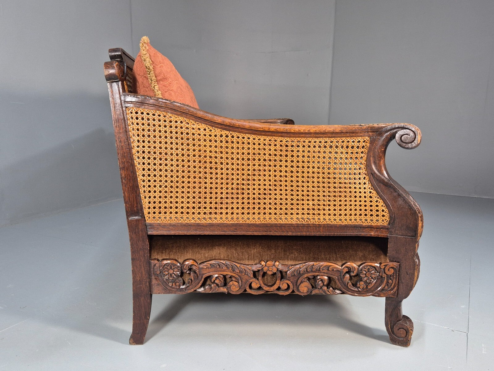 Vintage Danish 1920s Carved Oak Sofa Bergere Brown Velour Antique EB9544 V3SS - UKDK FURNITURE