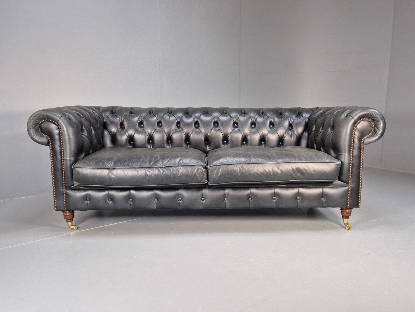 A Vintage Chesterfield Faded Black Leather 3 Seat Quality Build EB9161 VCHE - UKDK FURNITURE