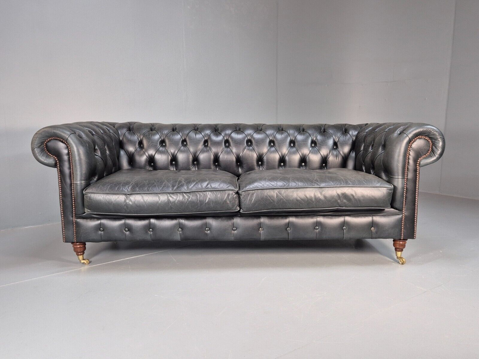 A Vintage Chesterfield Faded Black Leather 3 Seat Quality Build EB9161 VCHE - UKDK FURNITURE