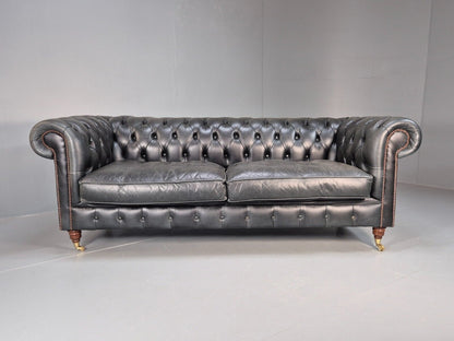 A Vintage Chesterfield Faded Black Leather 3 Seat Quality Build EB9161 VCHE - UKDK FURNITURE