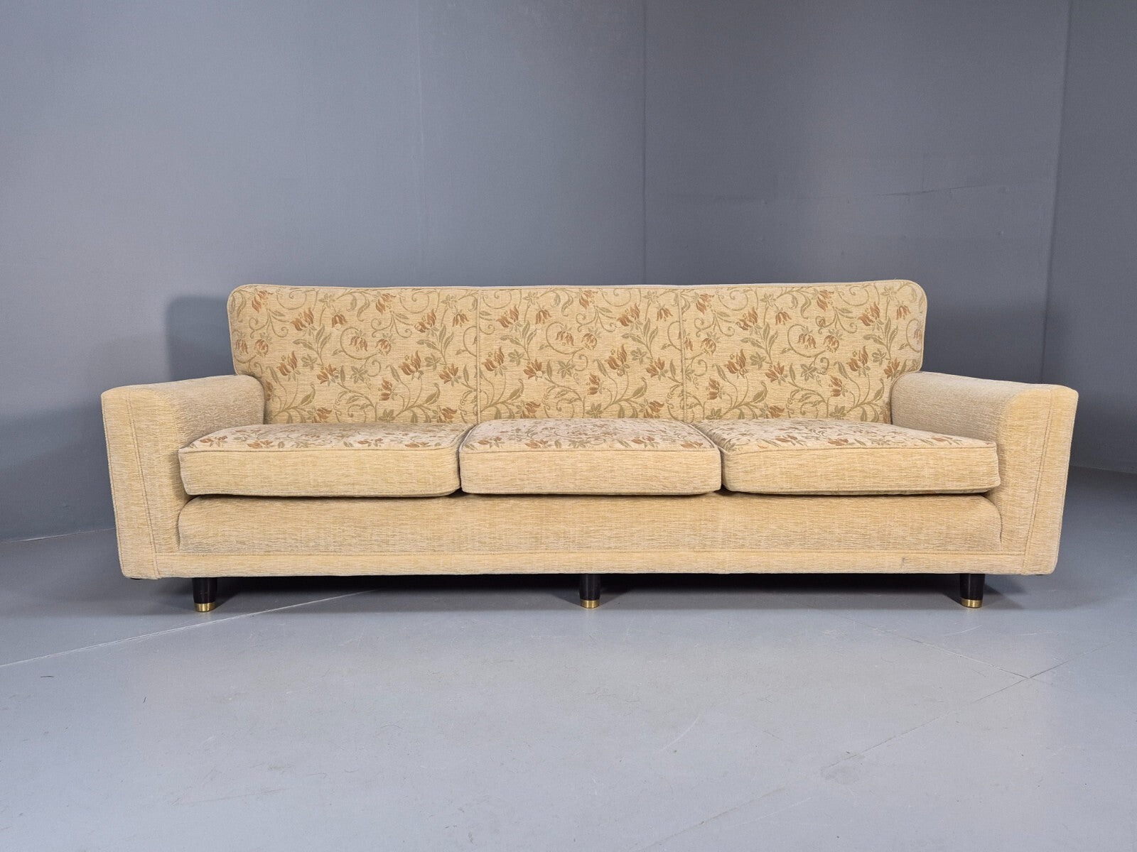 Vintage 1960s Sofa Cream Floral Upholstery 3 Seat Quality Retro EB9680 M3SS - UKDK FURNITURE