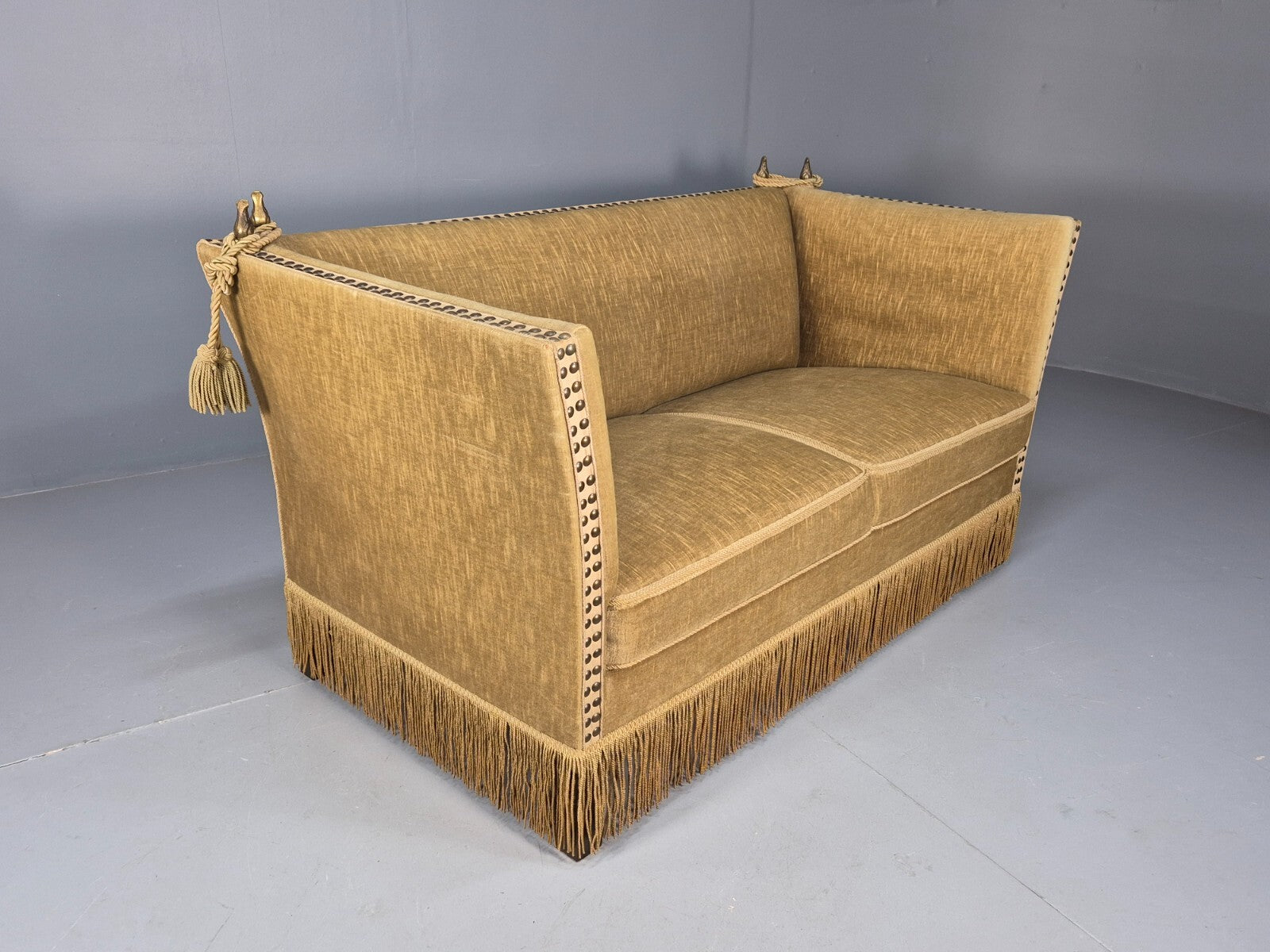 Vintage Two Seater Sofa Green Velour Studded Tassels Danish Design EB9549 V2SS - UKDK FURNITURE