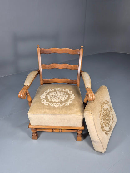 Vintage Danish Oak Frame 1970s Lounge Chair Gold Floral Upholstery EB9658 VCLO - UKDK FURNITURE