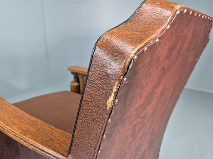2 Edwardian Lounge Chairs Baroque Oak Frame Rexine and Velour EB11264 VLEA17