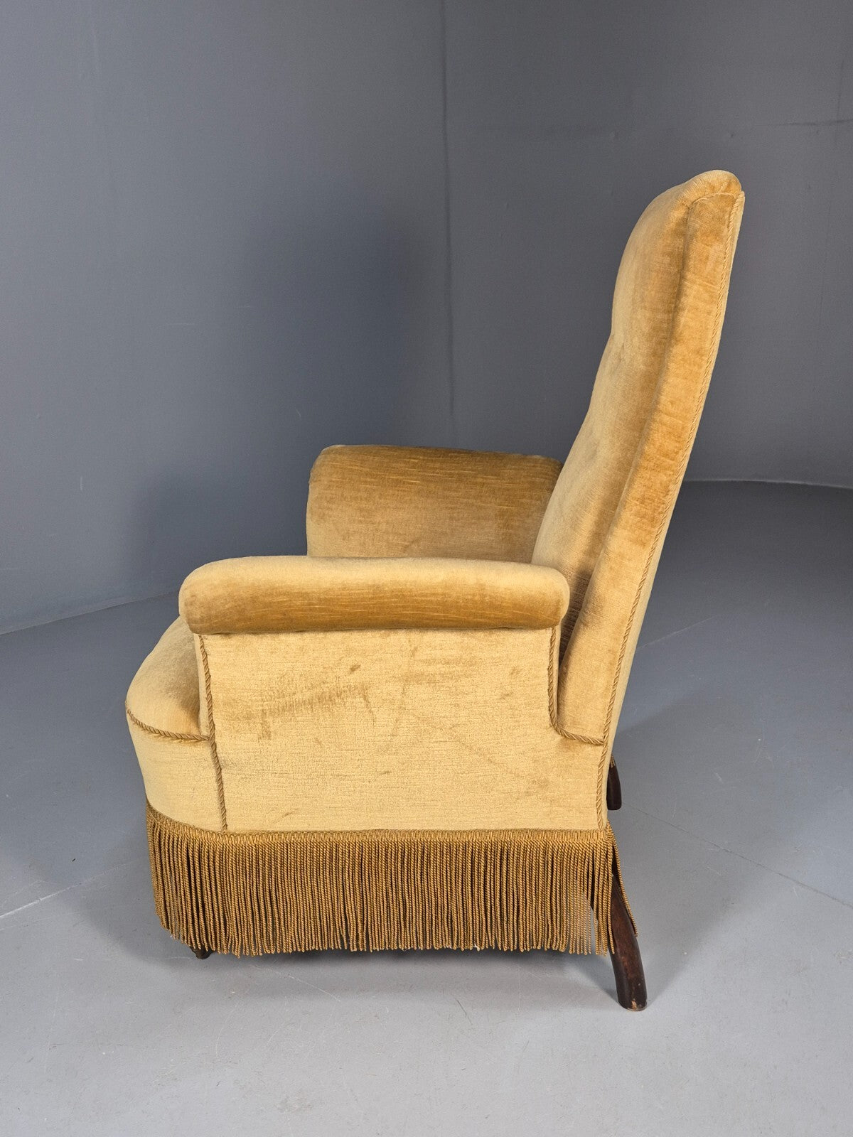 Vintage Gold Velour Danish Armchair 1920s Tassels High Back EB9635 VCLO - UKDK FURNITURE