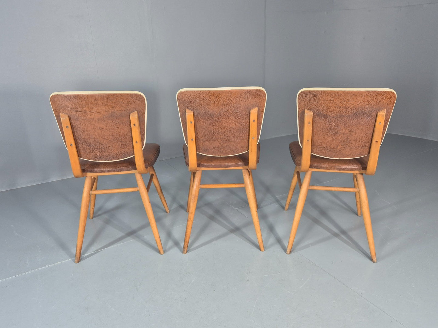Vintage 1960s Dining Chairs - 3 In Brown Vinyl Beech Frames MCM EB10997 MDIN5
