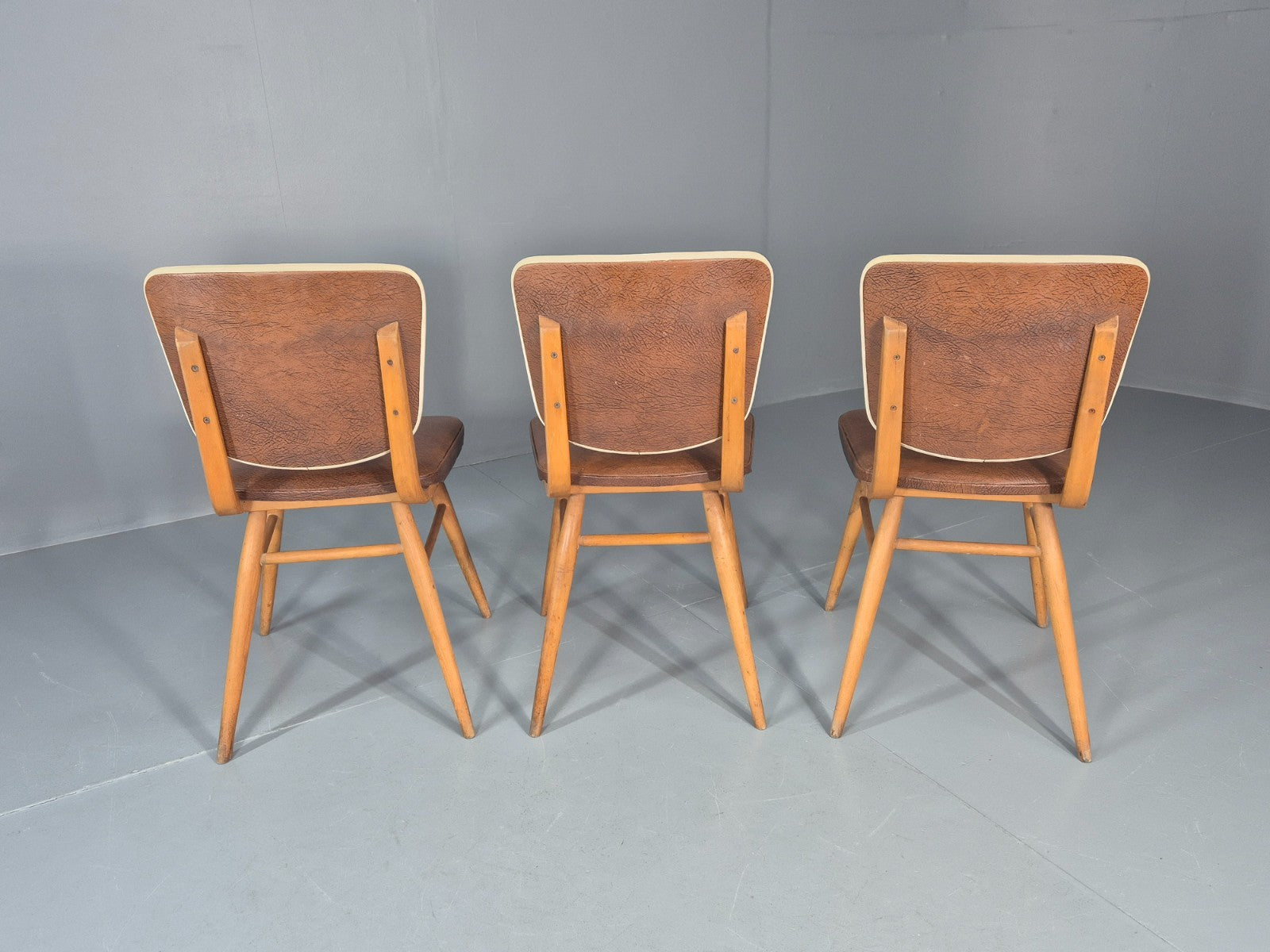 Vintage 1960s Dining Chairs - 3 In Brown Vinyl Beech Frames MCM EB10997 MDIN5