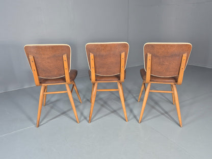 Vintage 1960s Dining Chairs - 3 In Brown Vinyl Beech Frames MCM EB10997 MDIN5