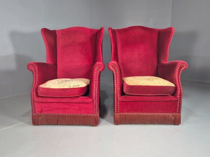Pair Vintage Danish Wing Back Red Velour Studded Armchairs EB8059 VCLO - UKDK FURNITURE