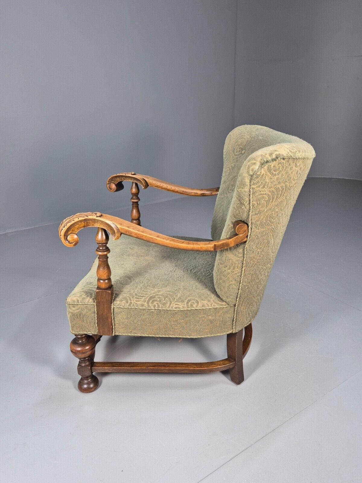 Vintage Danish Lounge Chair Green Moquette Carved Oak Frame 1940s EB8981 VCLO - UKDK FURNITURE