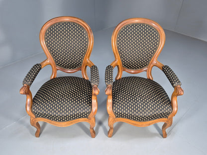 Antique Mahogany Armchair Pair Black Pattern Fabric Louis XV Style EB9558 VCLO - UKDK FURNITURE