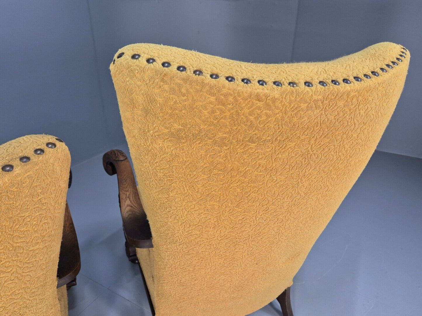 2 Vintage Baroque Armchgairs in Oak and Mustard Moquette 1940s EB9005 VCLO - UKDK FURNITURE