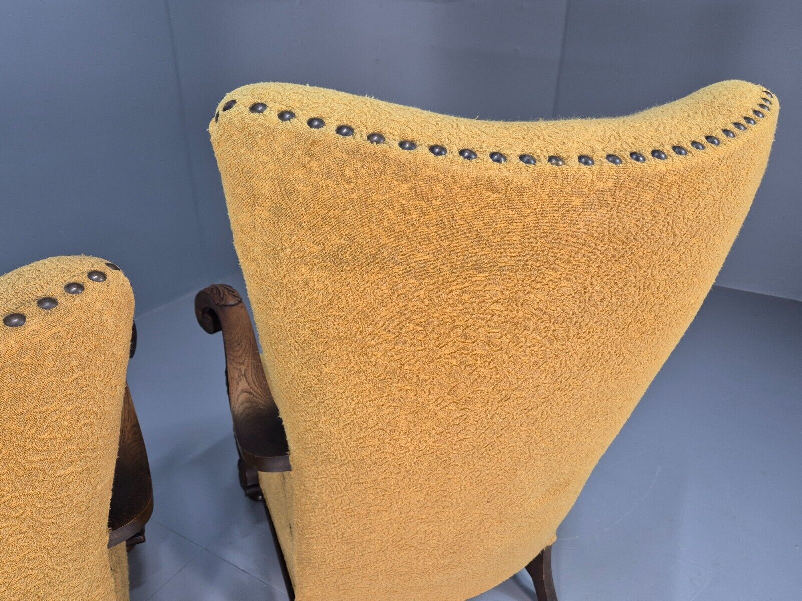 2 Vintage Baroque Armchgairs in Oak and Mustard Moquette 1940s EB9005 VCLO - UKDK FURNITURE