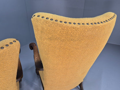 2 Vintage Baroque Armchgairs in Oak and Mustard Moquette 1940s EB9005 VCLO - UKDK FURNITURE