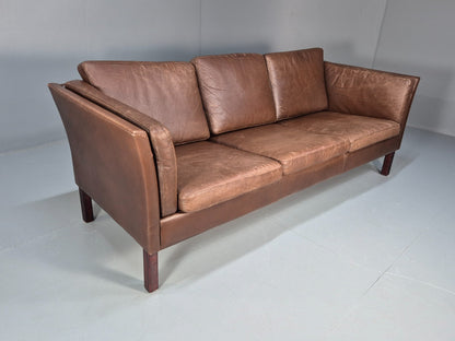 Mid Century Retro Settee Three Seater Brown Leather Vintage Denmark EB10081 M3SS13