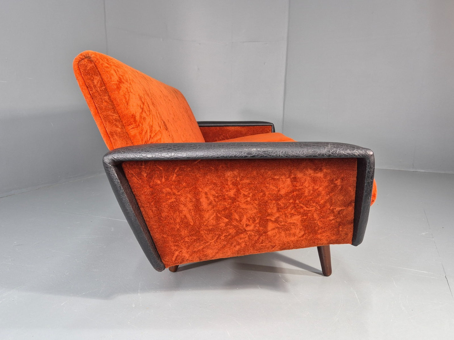 Vintage 3 Seater Sofa Vinyl Orange Velour 1960s Retro Mid Century EB11333 M3SS12