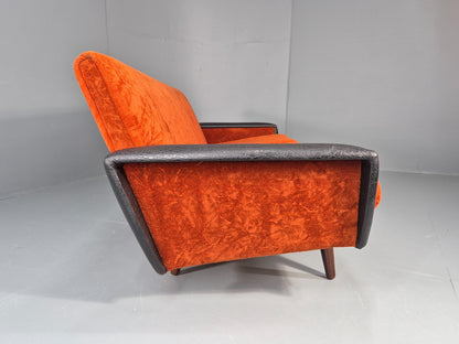 Vintage 3 Seater Sofa Vinyl Orange Velour 1960s Retro Mid Century EB11333 M3SS12
