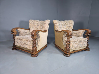 2 Vintage Danish Lounge Chair Floral Cotton Oak Detailing Antique Deco 1920 VCLO - UKDK FURNITURE