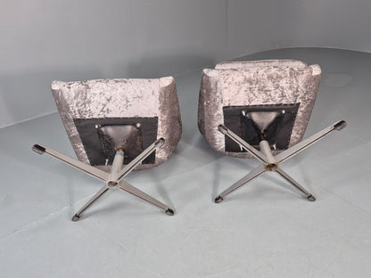 2 Swedish Swivel Chairs 1960s Retro Silver Blue Velvet Upholstery  EB10723 MNOR9