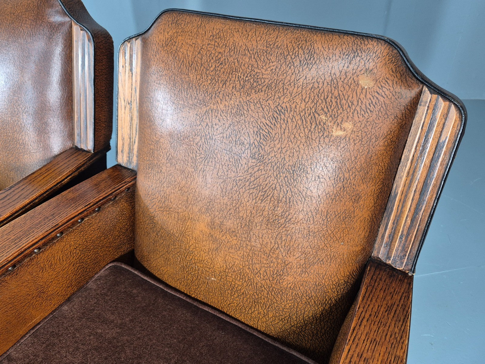 2 Edwardian Lounge Chairs Baroque Oak Frame Rexine and Velour EB11264 VLEA9