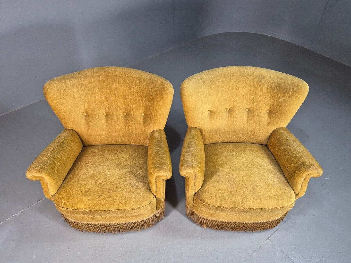 Pair Of Vintage Danish Gold Velour Armchairs Tassels Art Deco Style EB8068 VCLO - UKDK FURNITURE