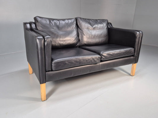Vintage Danish 2 Seat Sofa Black Leather Mogensen Style Retro MCM EB8614 M2SS - UKDK FURNITURE