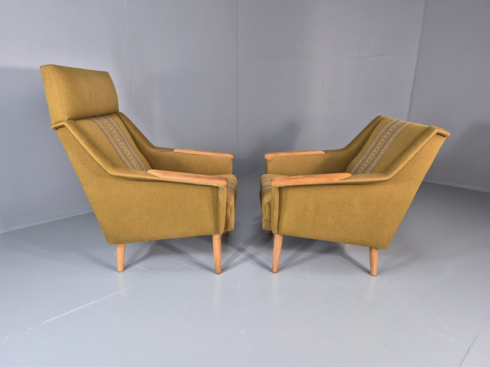 2 1970s Danish Lounge Chairs Green Wool Oak Details Retro Quality EB11408 MNOR14