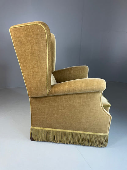 Vintage Danish Wingback Armchair Olive Green Tassel Trim 1950s 1960s VCLO EB48949