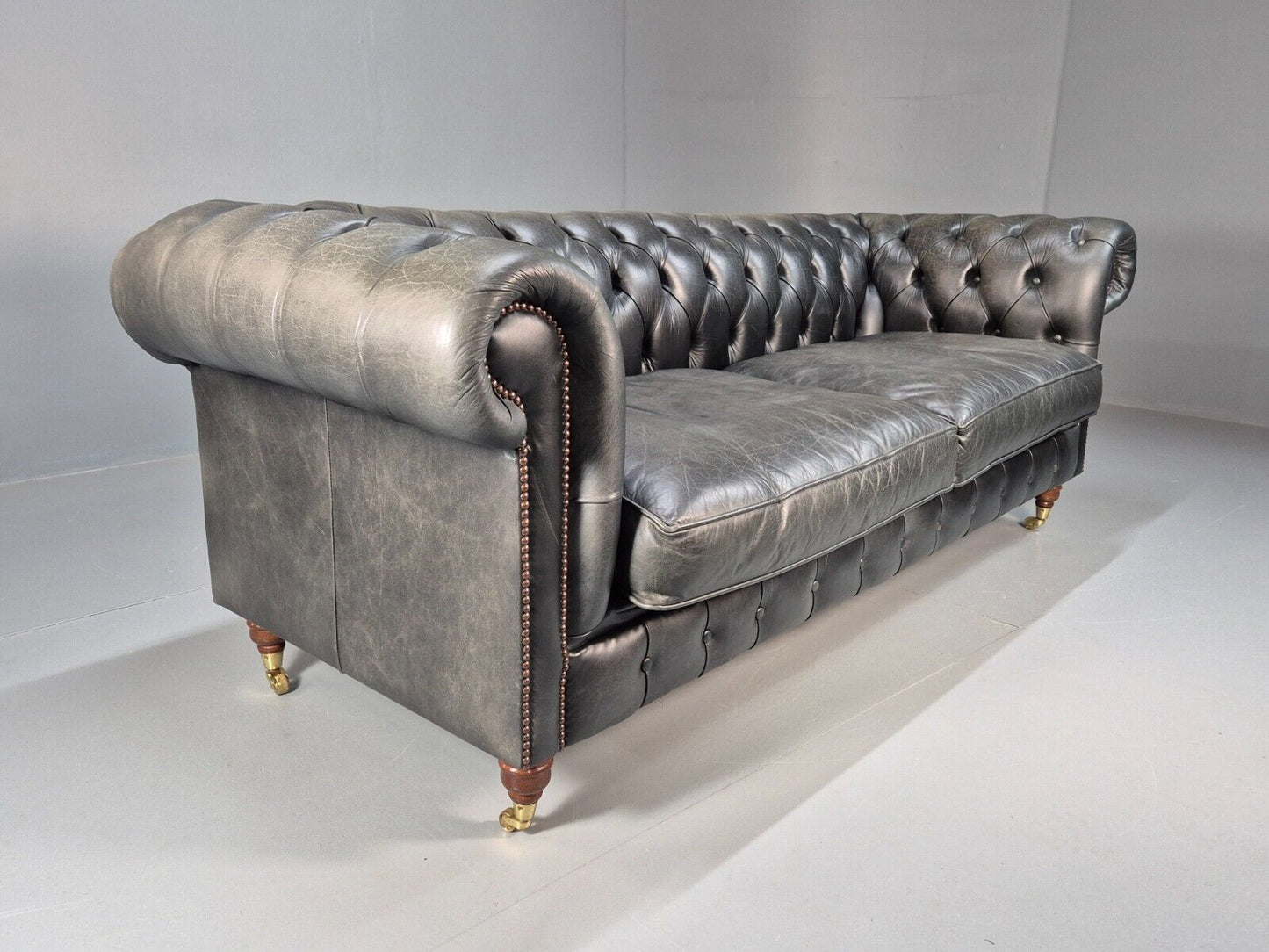 A Vintage Chesterfield Faded Black Leather 3 Seat Quality Build EB9161 VCHE - UKDK FURNITURE