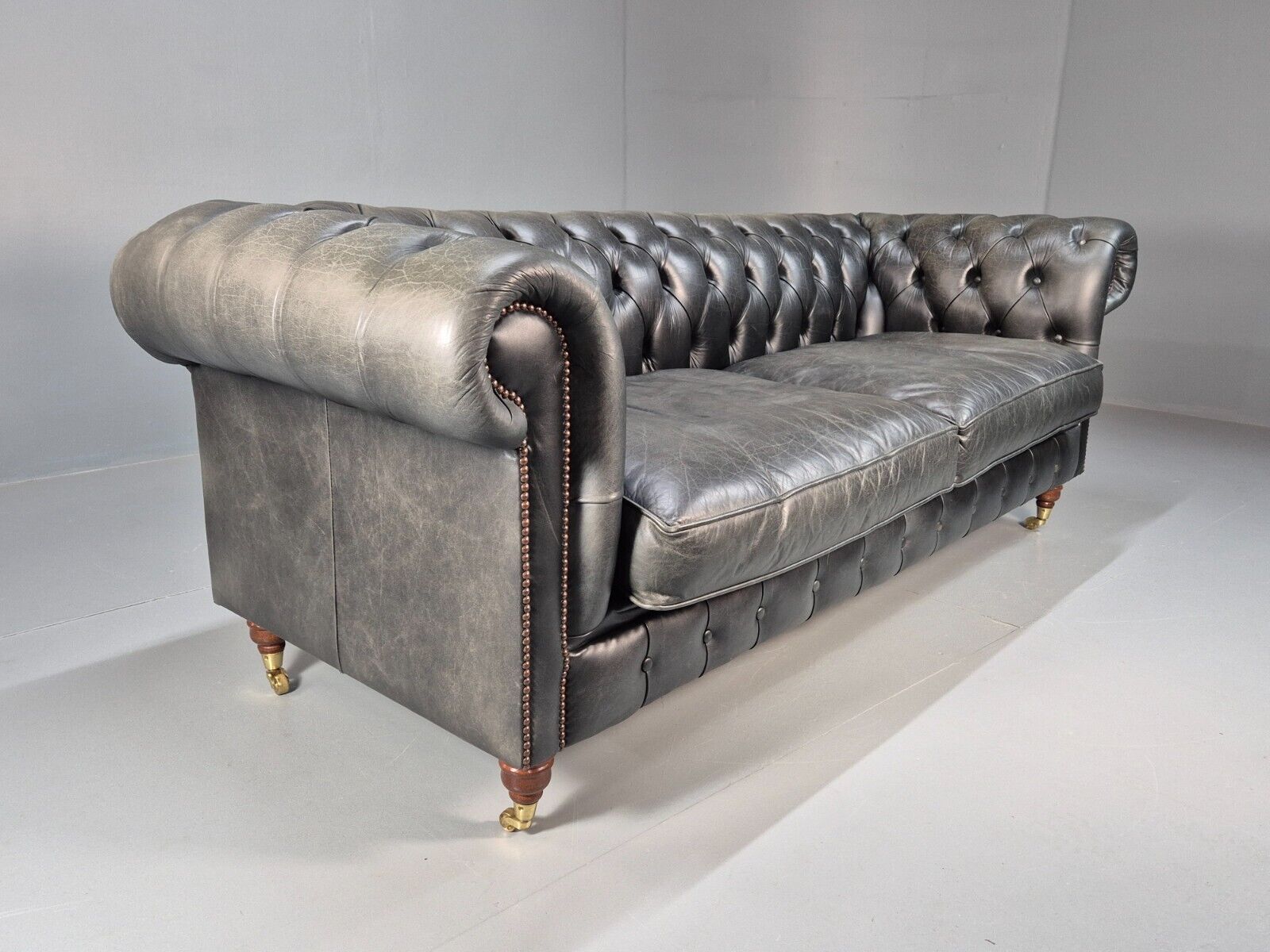 A Vintage Chesterfield Faded Black Leather 3 Seat Quality Build EB9161 VCHE - UKDK FURNITURE