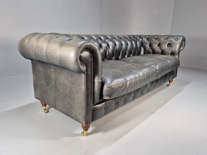 A Vintage Chesterfield Faded Black Leather 3 Seat Quality Build EB9161 VCHE - UKDK FURNITURE