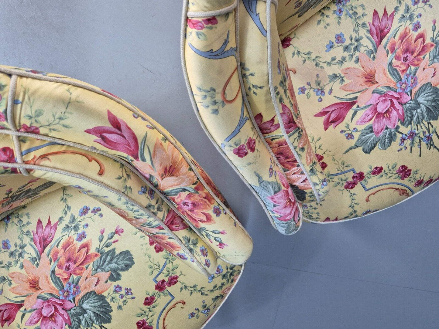Pair Vintage Danish Floral Print Antique Tub Chairs Walnut Legs EB9012 VCLO - UKDK FURNITURE