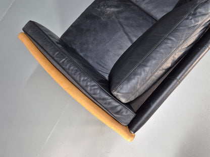 Vintage 3 Seat Sofa Black Leather Beech Ends Stouby Retro 1980s MCM EB8593 M3SS - UKDK FURNITURE