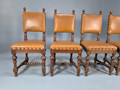 6 Vintage Danish Baroque Style Dining Chairs Tan Leather and Oak 50s EB9747 VDIN - UKDK FURNITURE