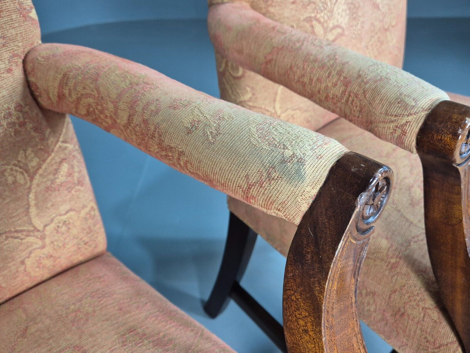 2 Vintage Lounge Chair Peach Floral Cotton Georgian Style 1980 Repro EB8215 VCLO - UKDK FURNITURE