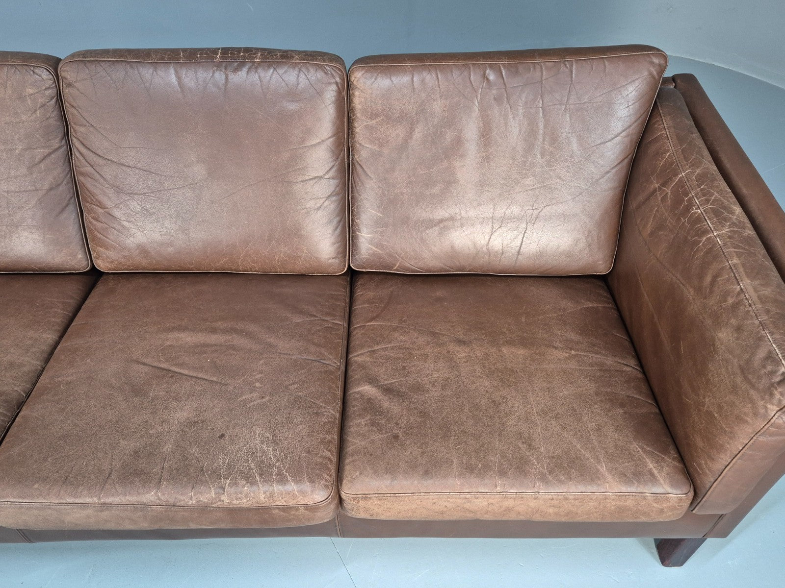 Mid Century Retro Settee Three Seater Brown Leather Vintage Denmark EB10081 M3SS8