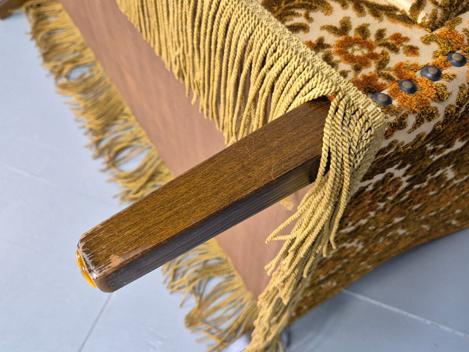 Vintage Danish 2 Seat Sofa Compact and Boxy Gold Moquette Tassels EB9588 V2SS - UKDK FURNITURE
