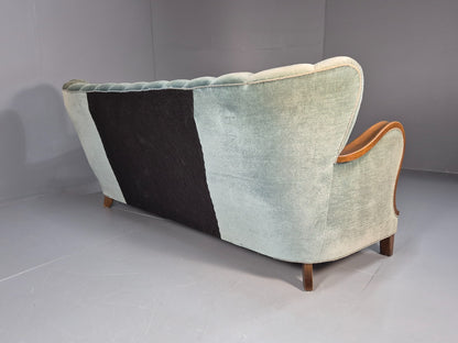 Vintage Danish Art Deco Sofa Blue Velvet Velour Oak Frame Shell Back EB9591 V3SS - UKDK FURNITURE