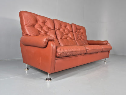 Vintage 3 seat Settee 1970s Retro Danish Red Tan Leather Buttoned EB10555 M3SS15