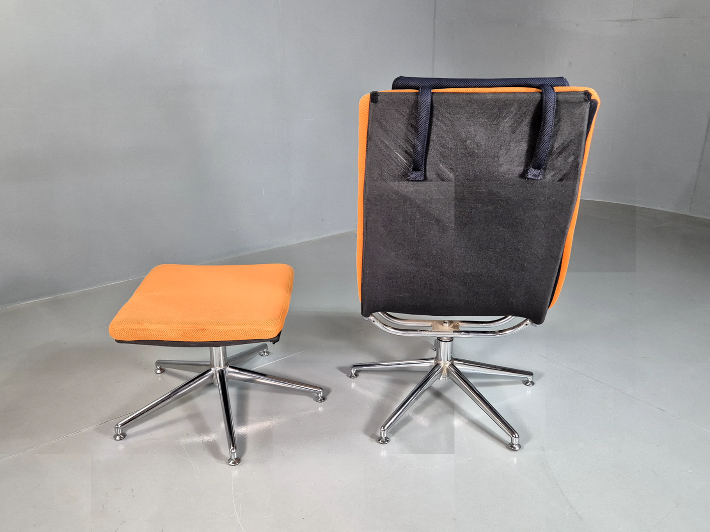 Vintage Danish Swivel Chair and Footstool Orange Chrome Retro 1980s EB7357 MSWI7