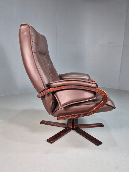 Vintage Danish Swivel Lounge Chair Brown Leather Bentwood 1980 Retro EB8269 MSWI - UKDK FURNITURE
