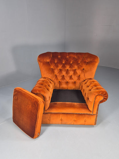 1970s Buttoned Wing Back Lounge Chair Burnt Orange Velour Retro EB10630 MNOR7