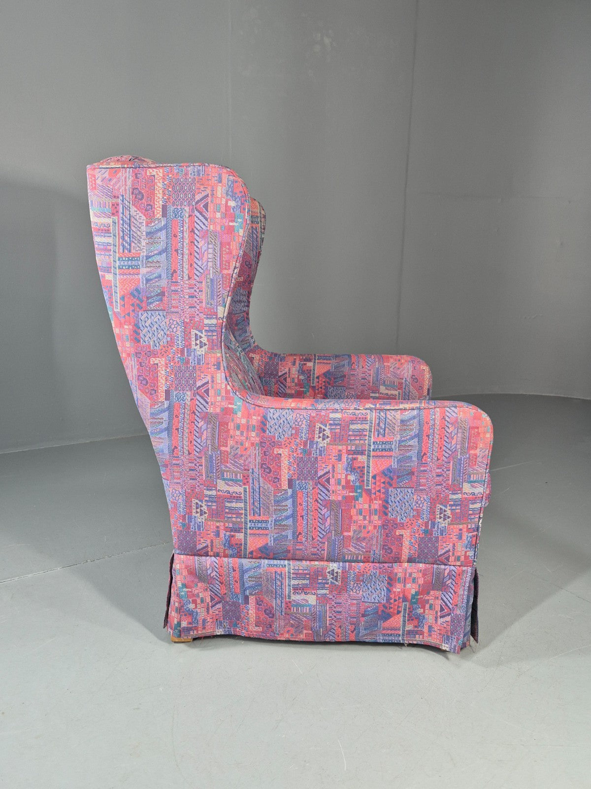 Vintage Danish Wingback Chair 1980s Retro Geometric Cotton Weave EB11291 MNOR6