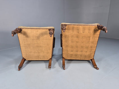 2 Edwardian Carved Oak Lounge Chairs Embroidery Upholstery 1900s EB10690 VCAR8