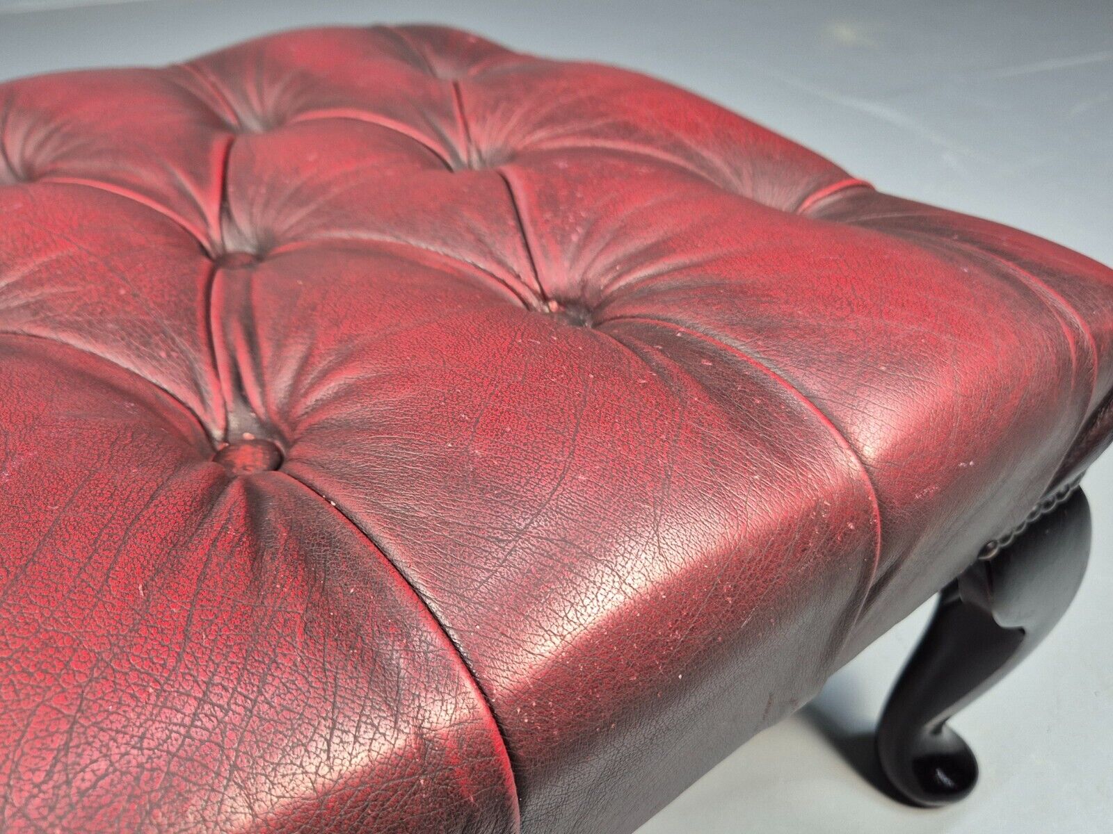 Vintage Red Leather Chesterfield Queen Anne Style Footstool Retro EB9389 VWOO - UKDK FURNITURE
