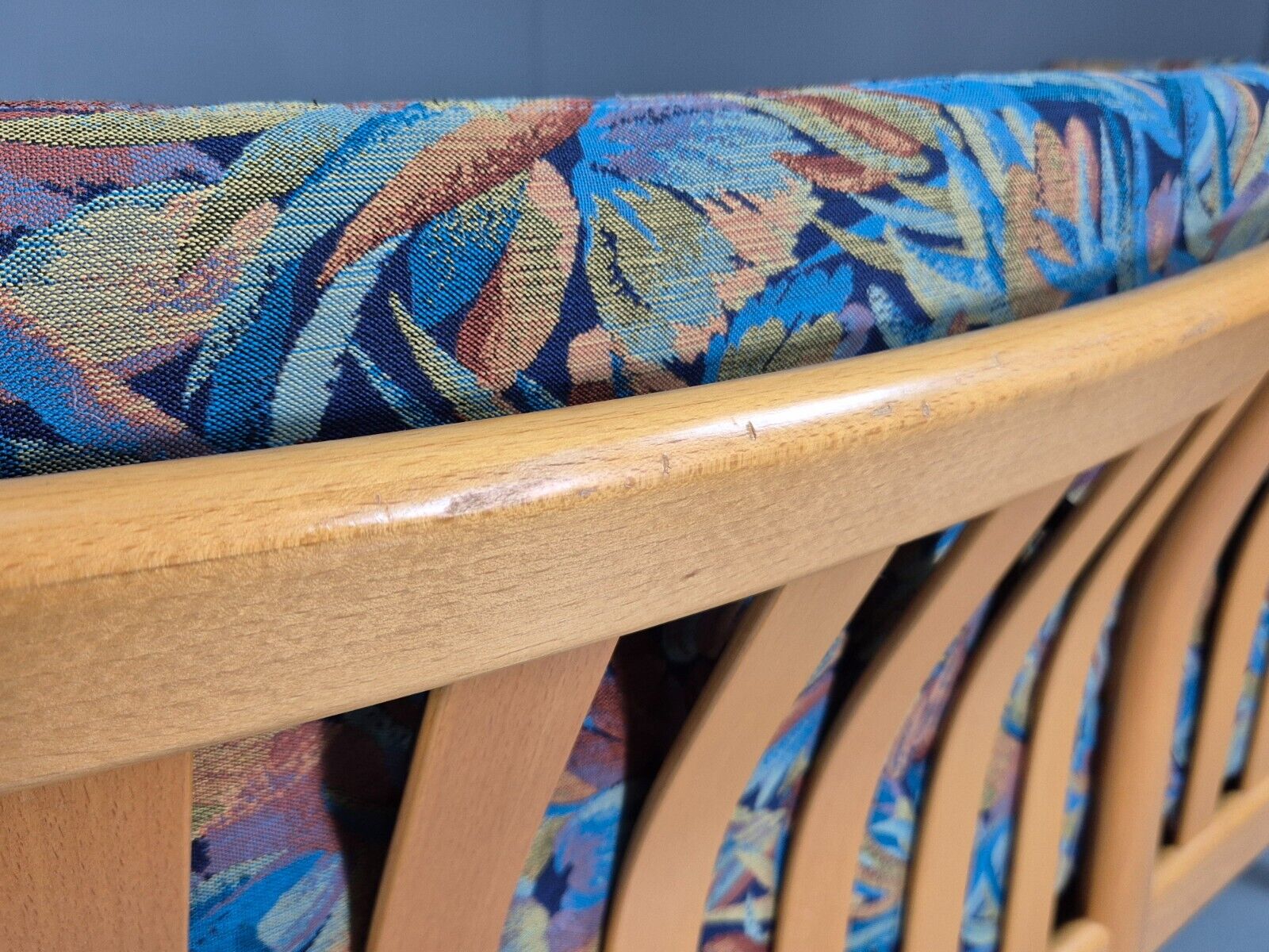 Vintage Danish 2 Seat Sofa Blue Floral Beech Frame 1980s Retro EB7453 M2SS - UKDK FURNITURE