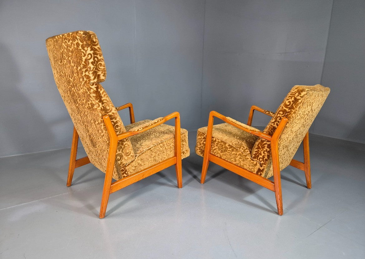 2 Swedish Lounge Chairs Gold Floral Moquette Beech Vintage 1960s MCM EB7031 MNOR10
