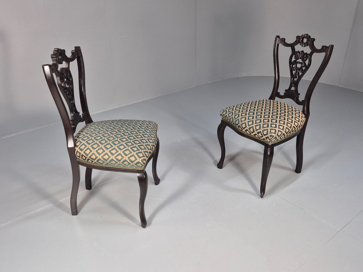 Vintage Royal Green Dining Chairs Pair Leaf Pattern Mahogany Frame EB9691 VDIN - UKDK FURNITURE